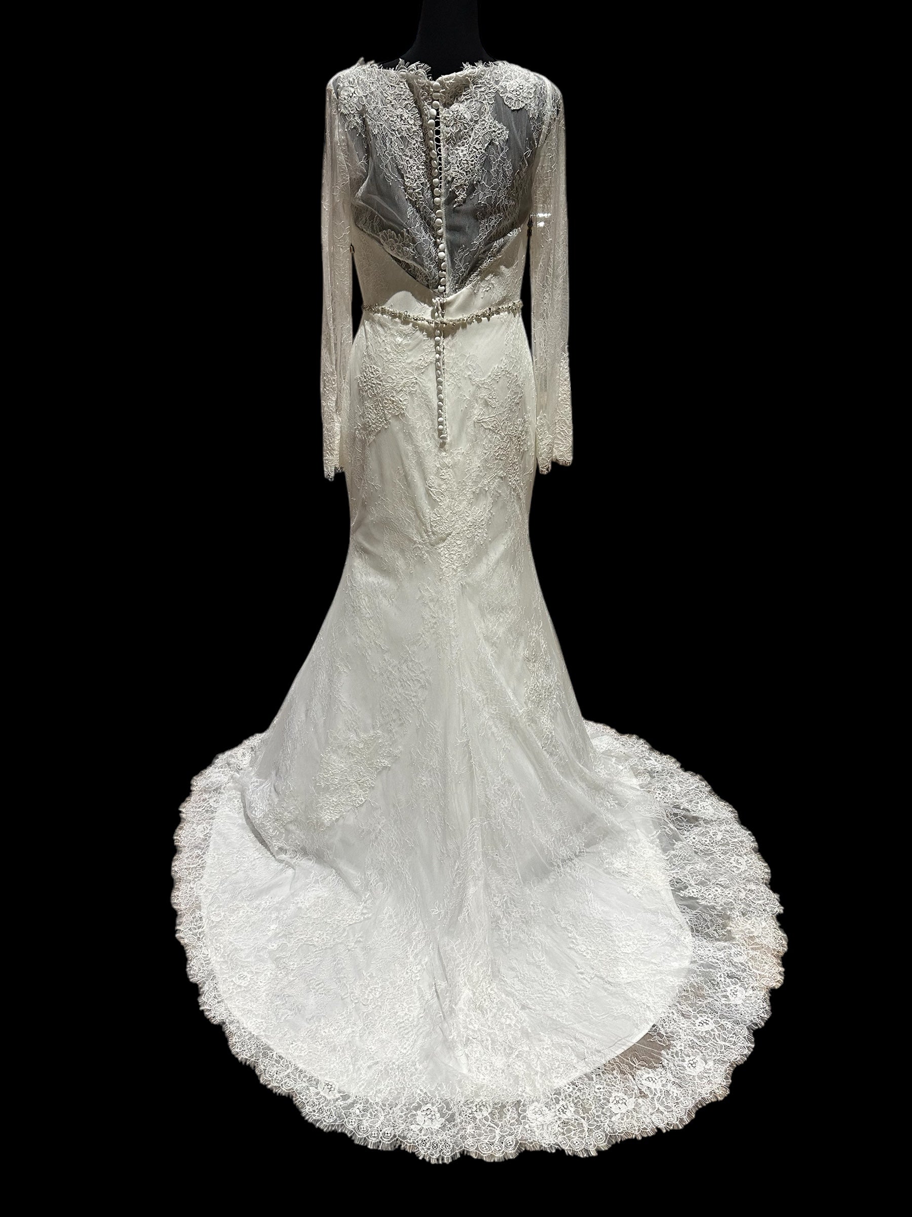 Christina Wu Long Sleeve Lace Mermaid Wedding Dress with Illusion Back & Train SIZE 10