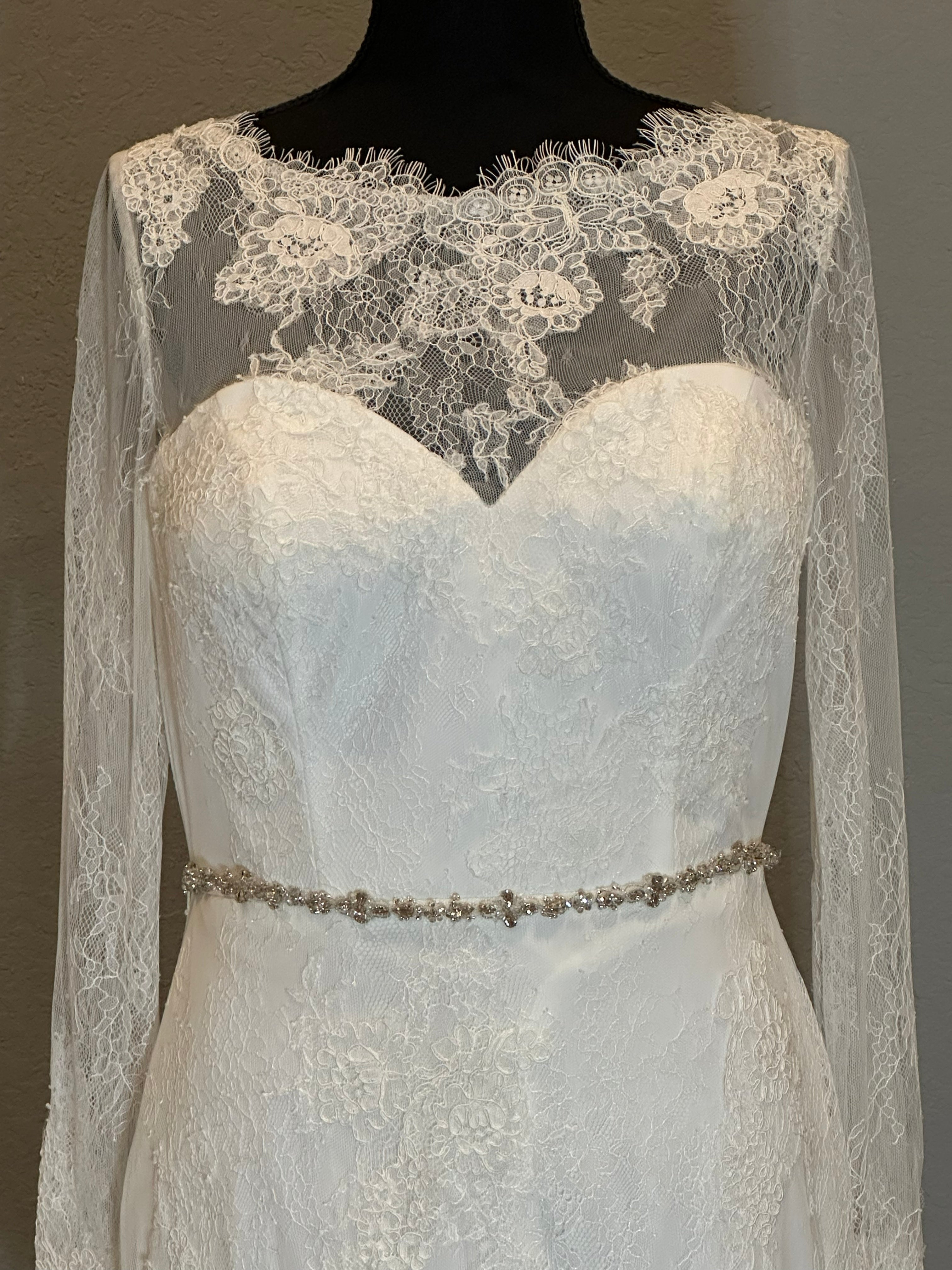Christina Wu Long Sleeve Lace Mermaid Wedding Dress with Illusion Back & Train SIZE 10