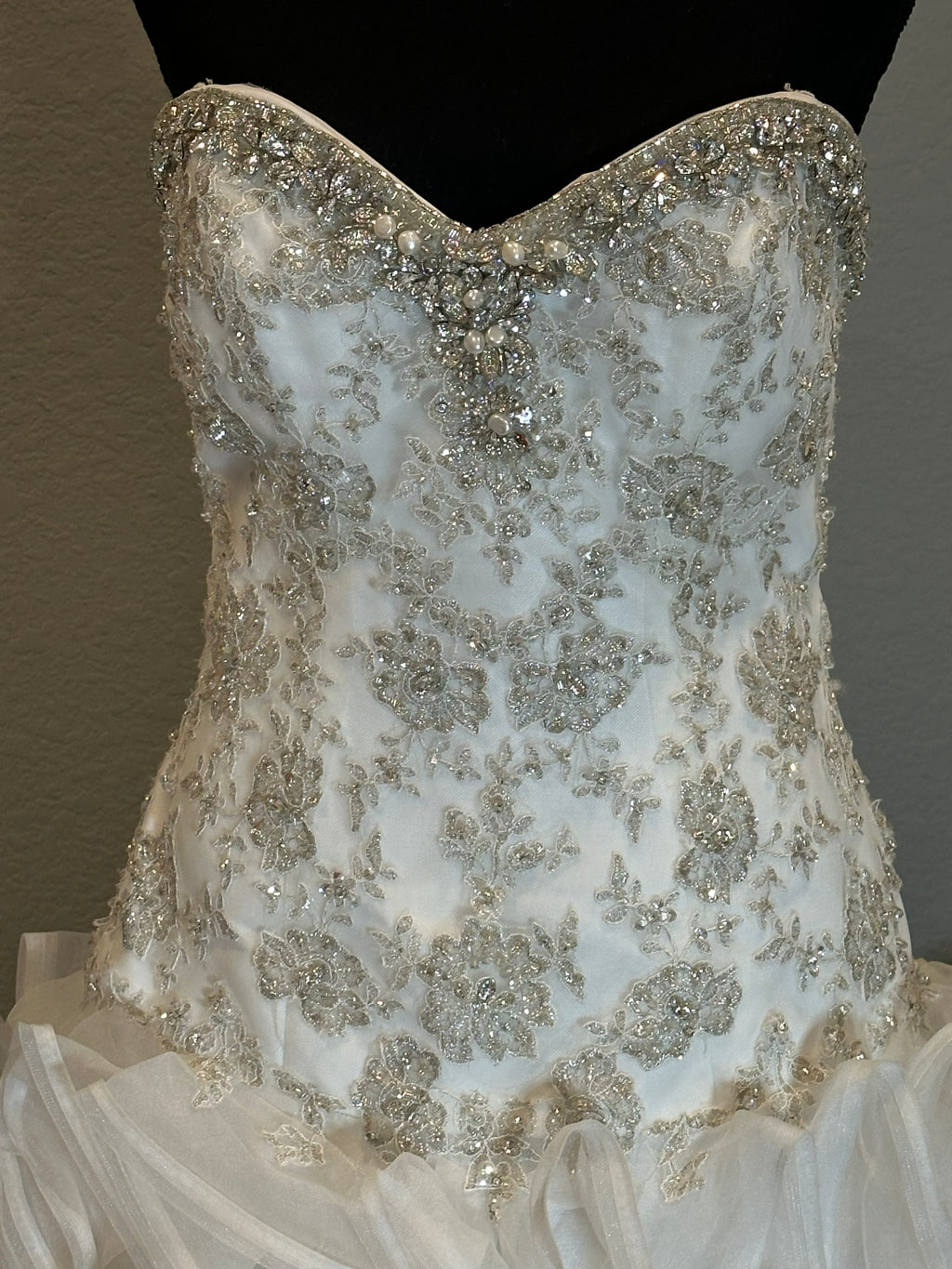 Christina Wu Strapless Wedding Dress – Beaded Bodice, Ruffle Ball Gown, Lace-Up Back- SIZE 10