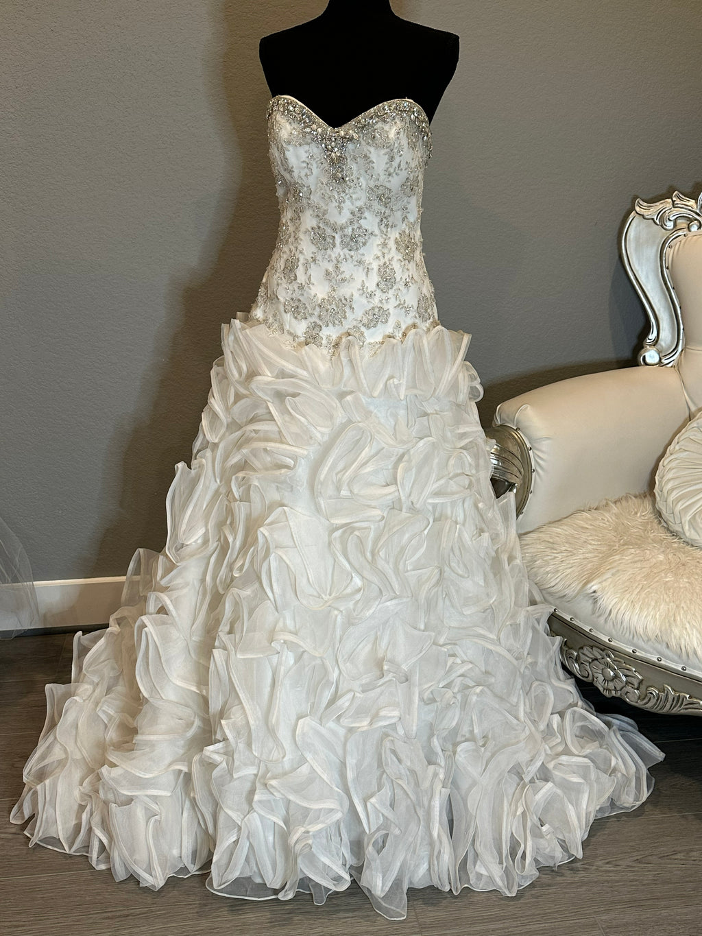 Christina Wu Strapless Wedding Dress – Beaded Bodice, Ruffle Ball Gown, Lace-Up Back- SIZE 10