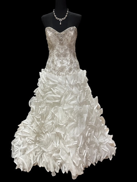 Christina Wu Strapless Wedding Dress – Beaded Bodice, Ruffle Ball Gown, Lace-Up Back- SIZE 10