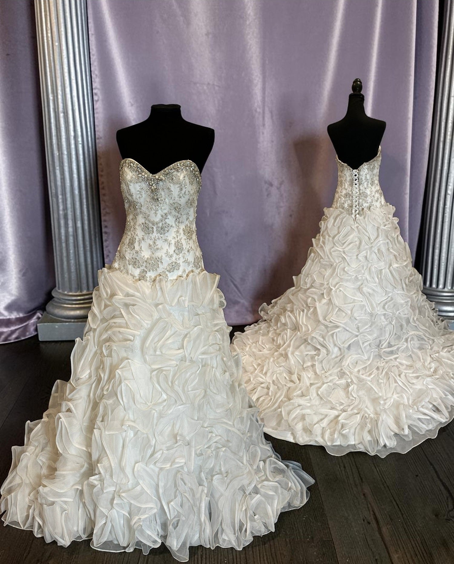 Christina Wu Strapless Wedding Dress – Beaded Bodice, Ruffle Ball Gown, Lace-Up Back- SIZE 10