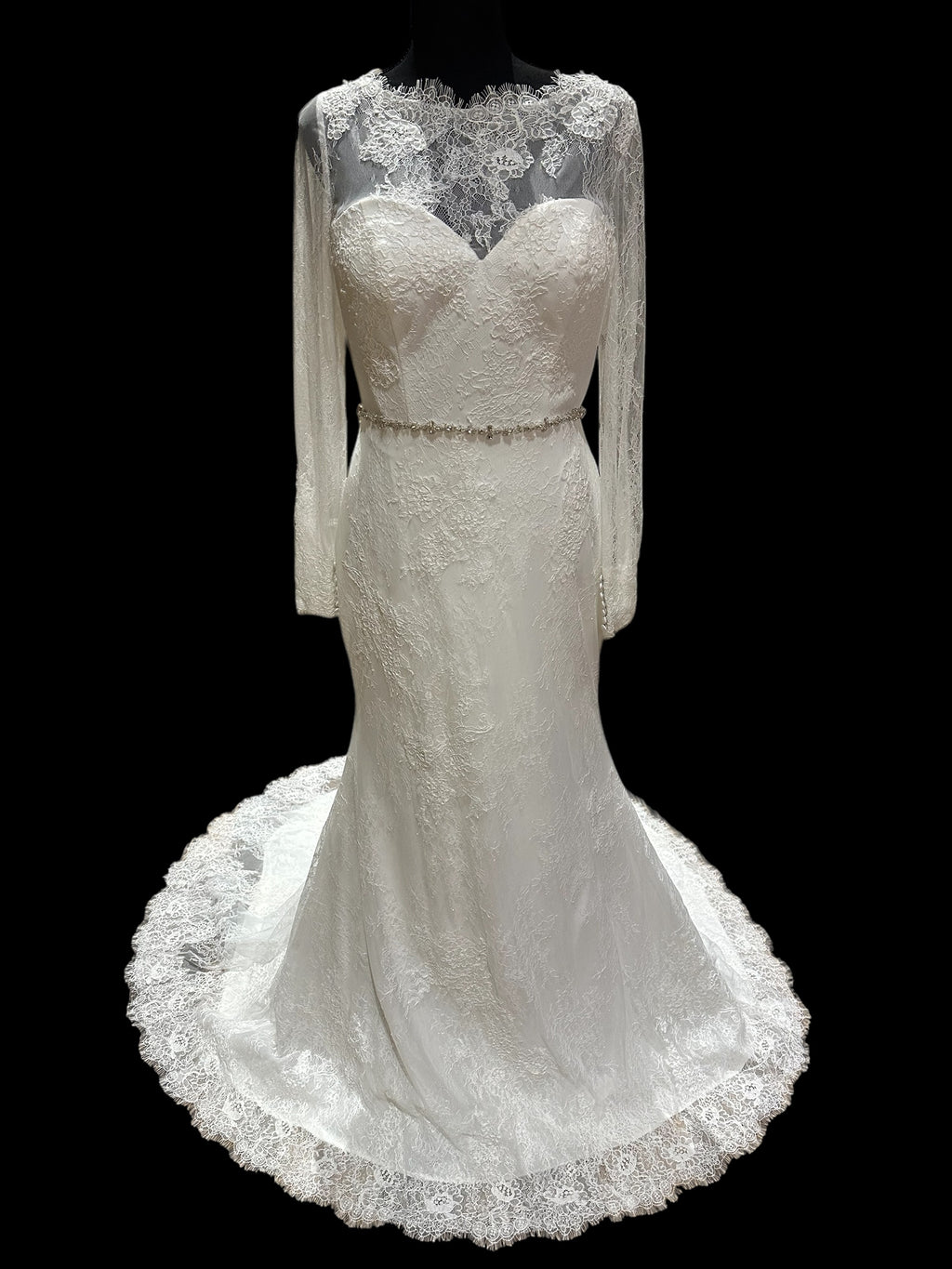 Christina Wu Long Sleeve Lace Mermaid Wedding Dress with Illusion Back & Train SIZE 10