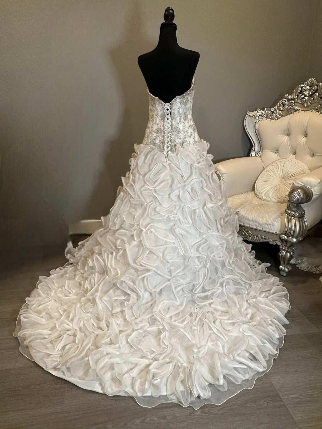 Christina Wu Strapless Wedding Dress – Beaded Bodice, Ruffle Ball Gown, Lace-Up Back- SIZE 10