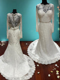 Christina Wu Long Sleeve Lace Mermaid Wedding Dress with Illusion Back & Train SIZE 10