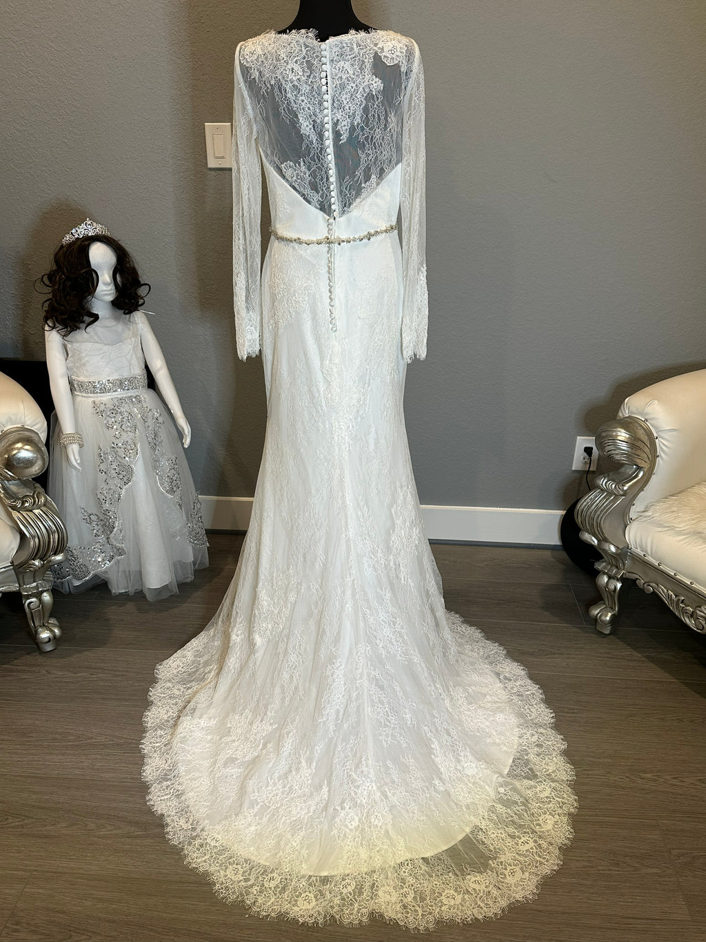 Christina Wu Long Sleeve Lace Mermaid Wedding Dress with Illusion Back & Train SIZE 10