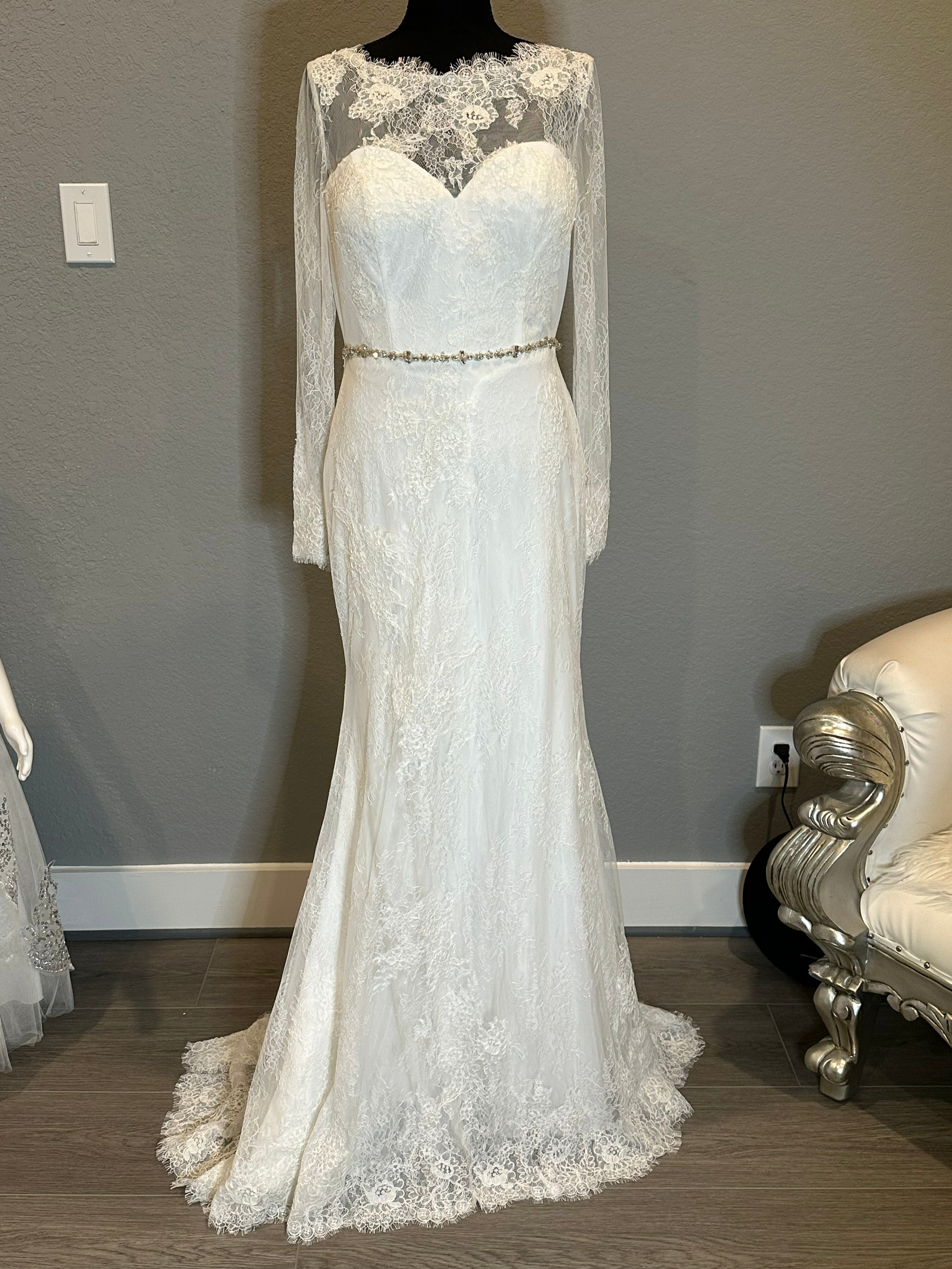 Christina Wu Long Sleeve Lace Mermaid Wedding Dress with Illusion Back & Train SIZE 10