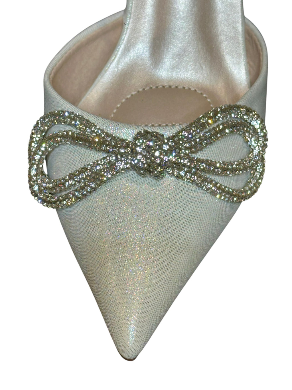 Oleg Cassini Rhinestone Bow Bridal Heels – White Pointed Toe Slingback Wedding Shoes- SIZE 6