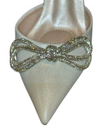 Oleg Cassini Rhinestone Bow Bridal Heels – White Pointed Toe Slingback Wedding Shoes- SIZE 6
