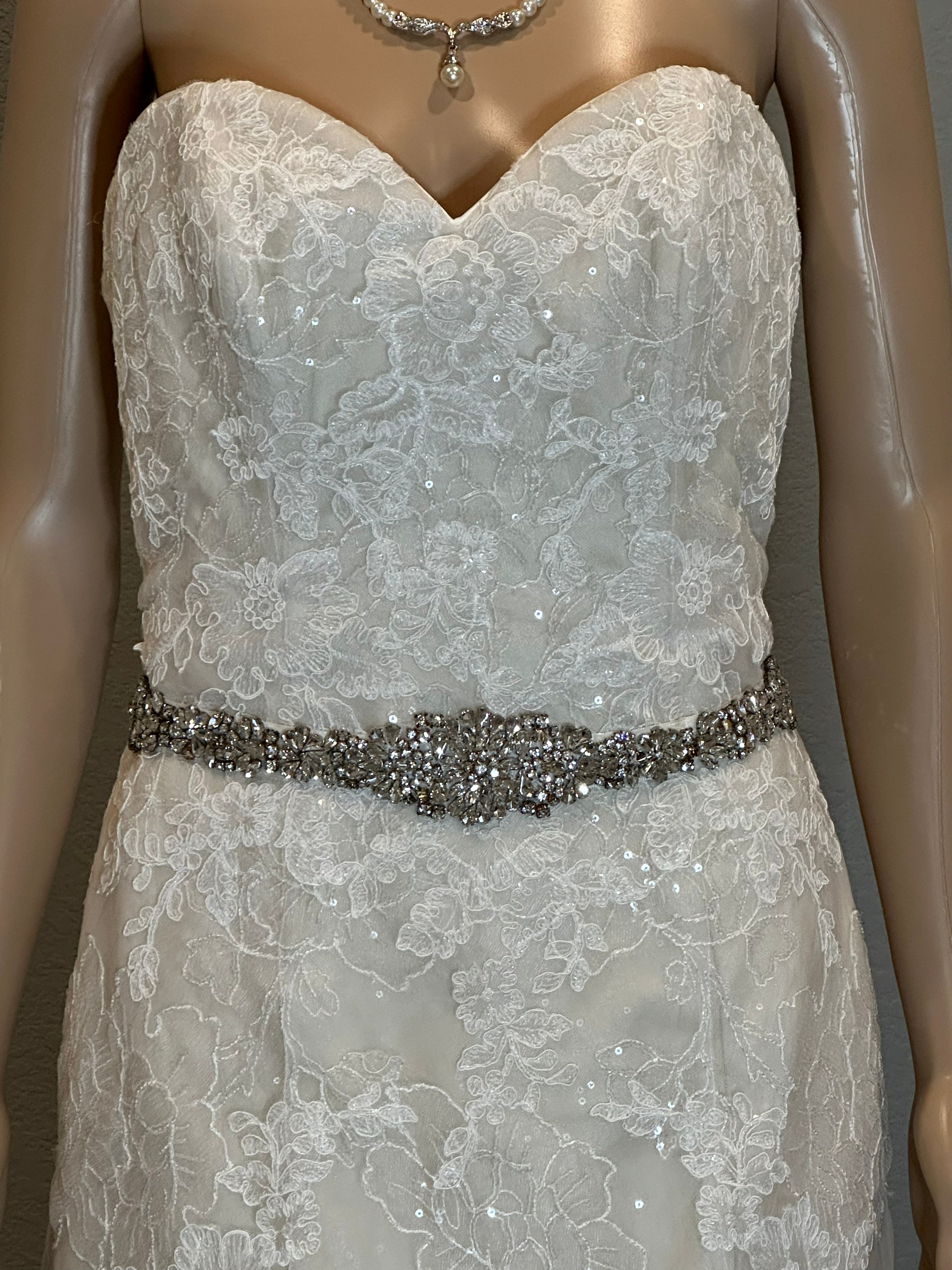 David Tutera Strapless Lace Mermaid Wedding Dress w/ Beaded Belt & Chapel Train SIZE 12