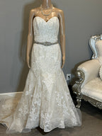 David Tutera Strapless Lace Mermaid Wedding Dress w/ Beaded Belt & Chapel Train SIZE 12