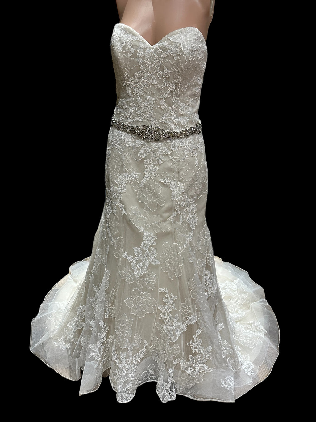 David Tutera Strapless Lace Mermaid Wedding Dress w/ Beaded Belt & Chapel Train SIZE 12