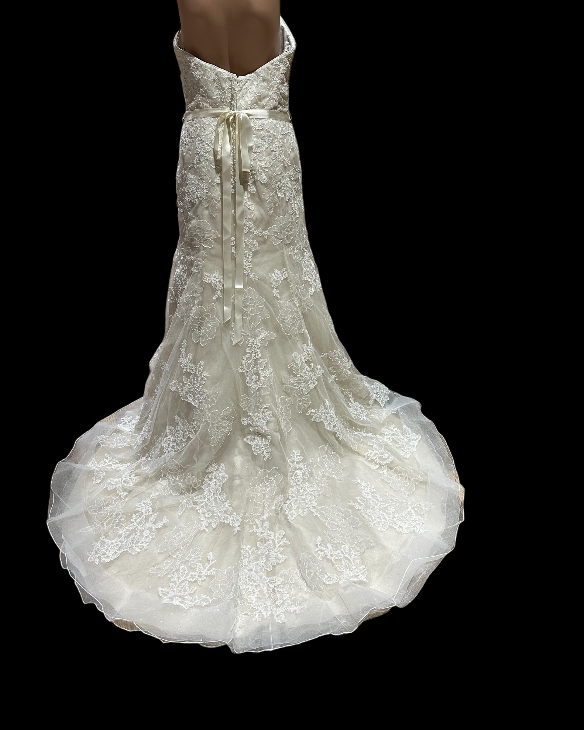 David Tutera Strapless Lace Mermaid Wedding Dress w/ Beaded Belt & Chapel Train SIZE 12