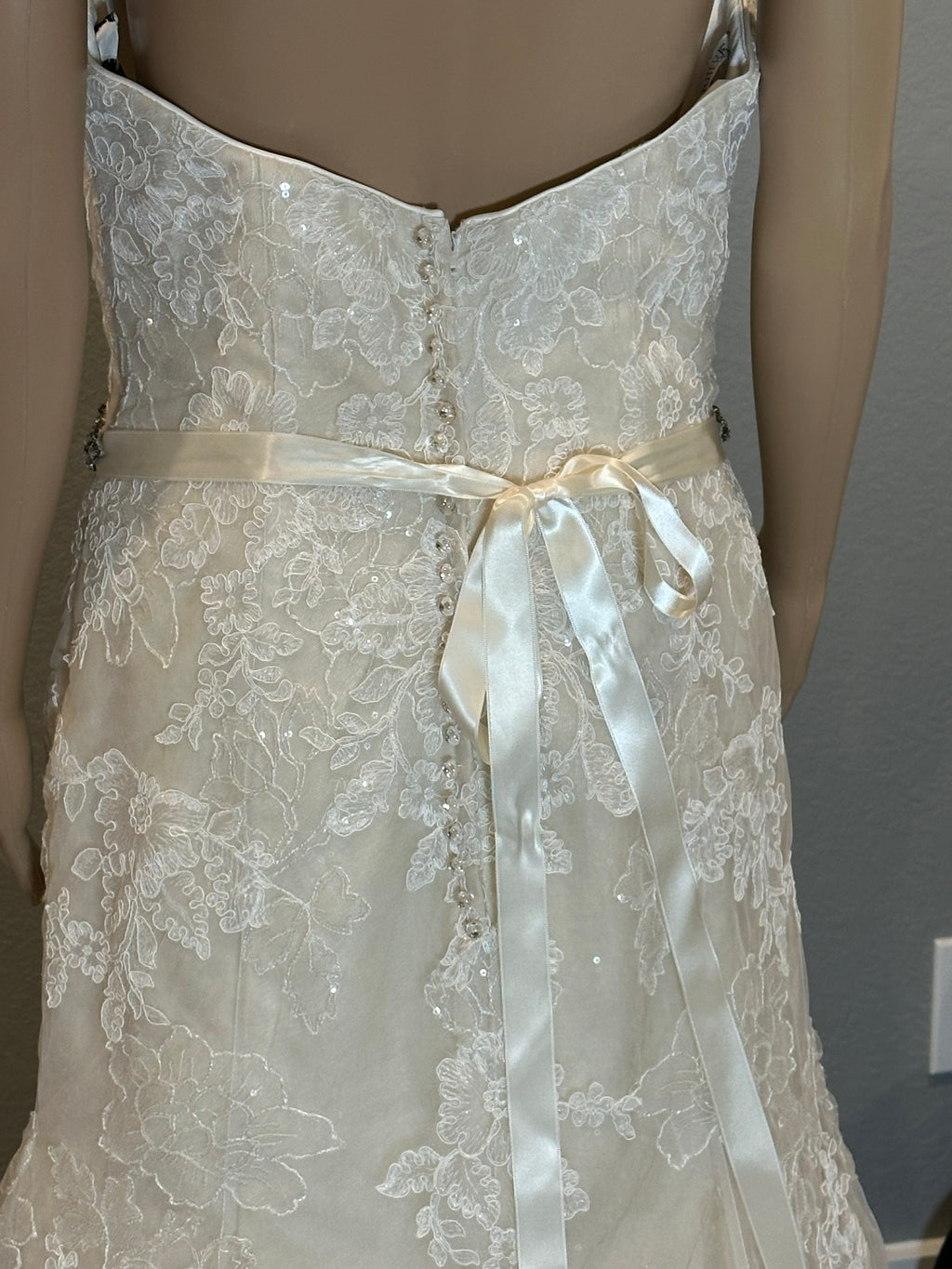 David Tutera Strapless Lace Mermaid Wedding Dress w/ Beaded Belt & Chapel Train SIZE 12