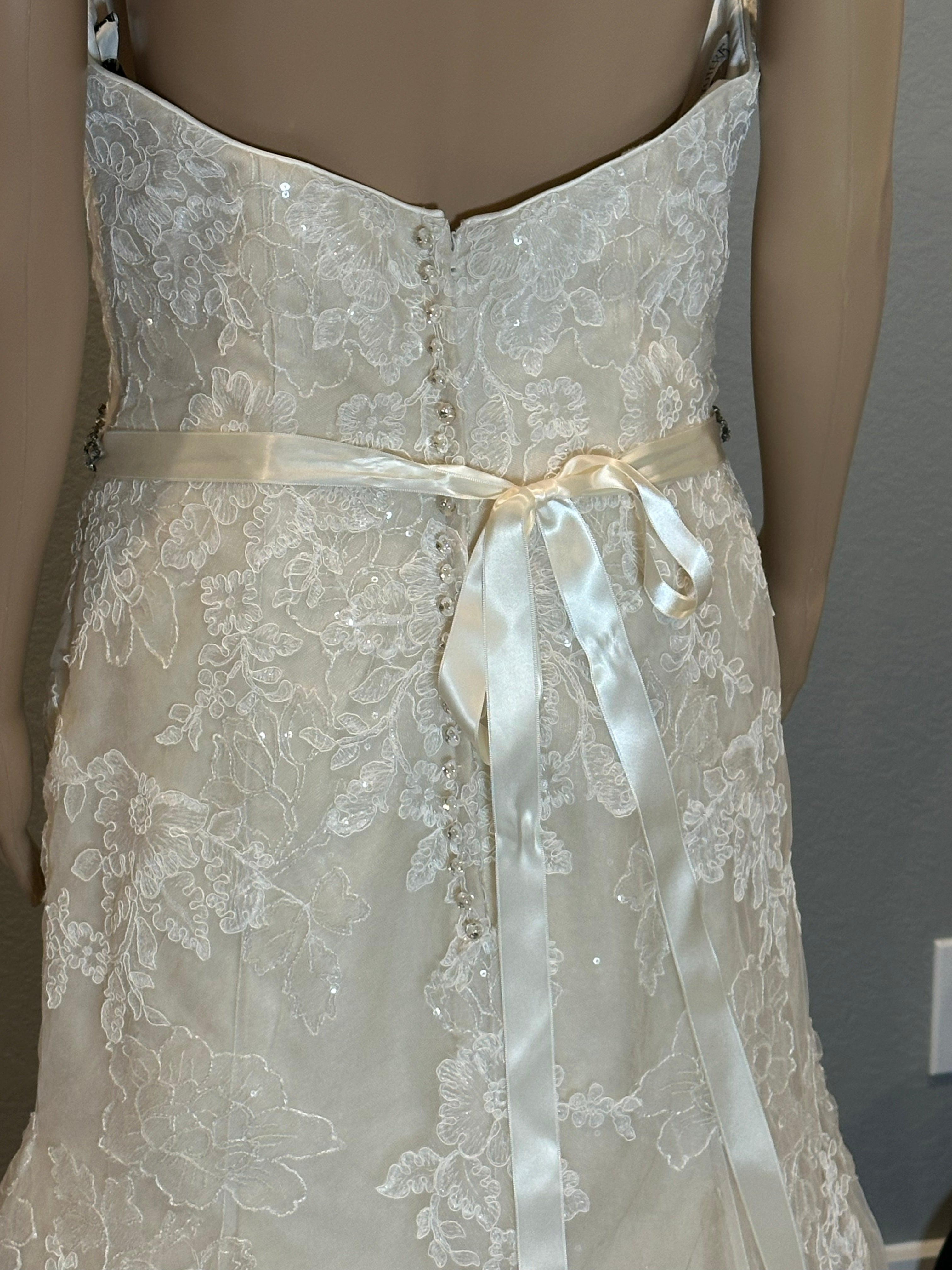 David Tutera Strapless Lace Mermaid Wedding Dress w/ Beaded Belt & Chapel Train SIZE 12