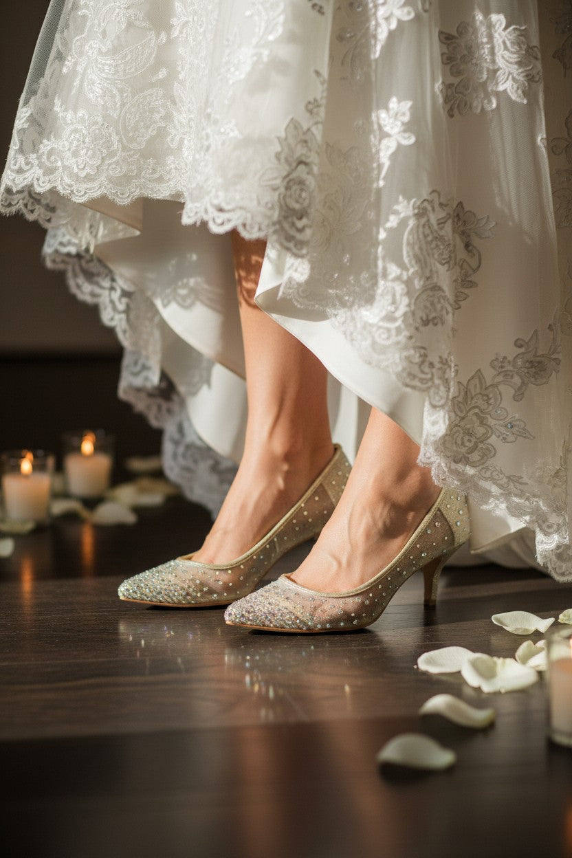 David’s Bridal DB Studio Crystal Embellished Bridal Heels – Champagne Pointed Toe Pumps