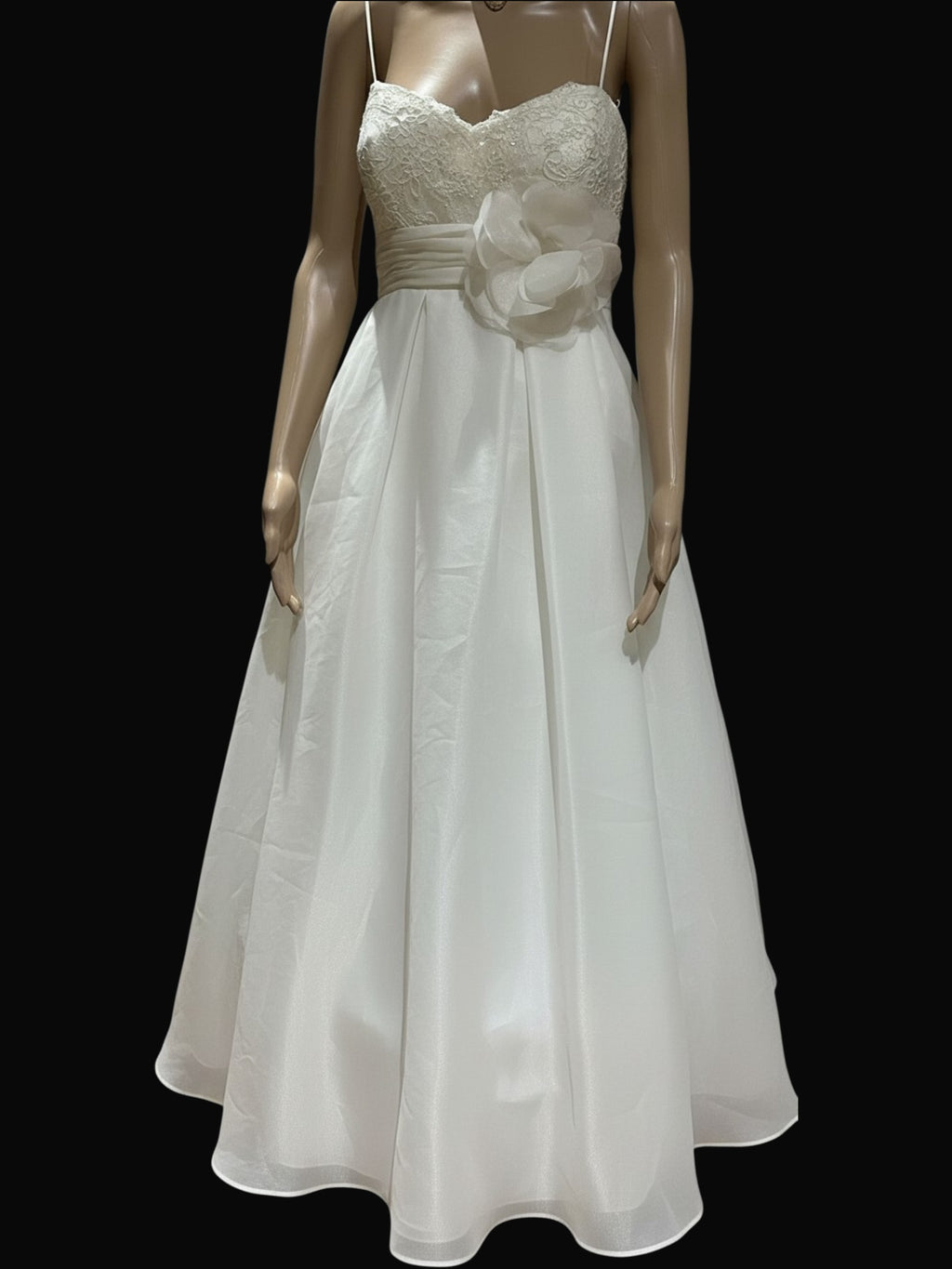 David’s Bridal Galina A-Line Wedding Dress w/ Lace Bodice, Spaghetti Straps & Floral Waist Detail SIZE 12