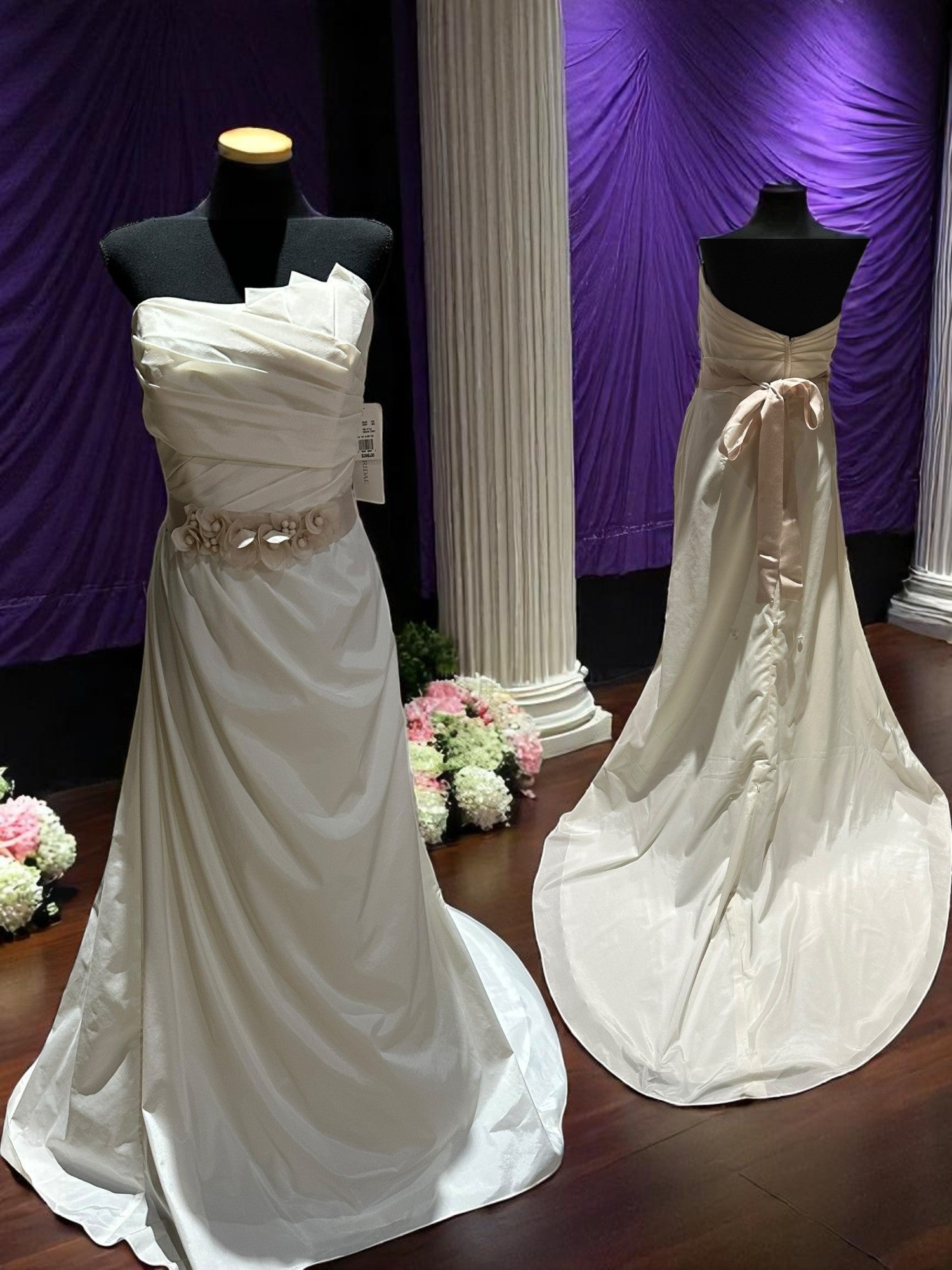 David’s Bridal Strapless Wedding Dress – Satin A-Line, Floral Waist Detail, Chapel Train- SIZE 14