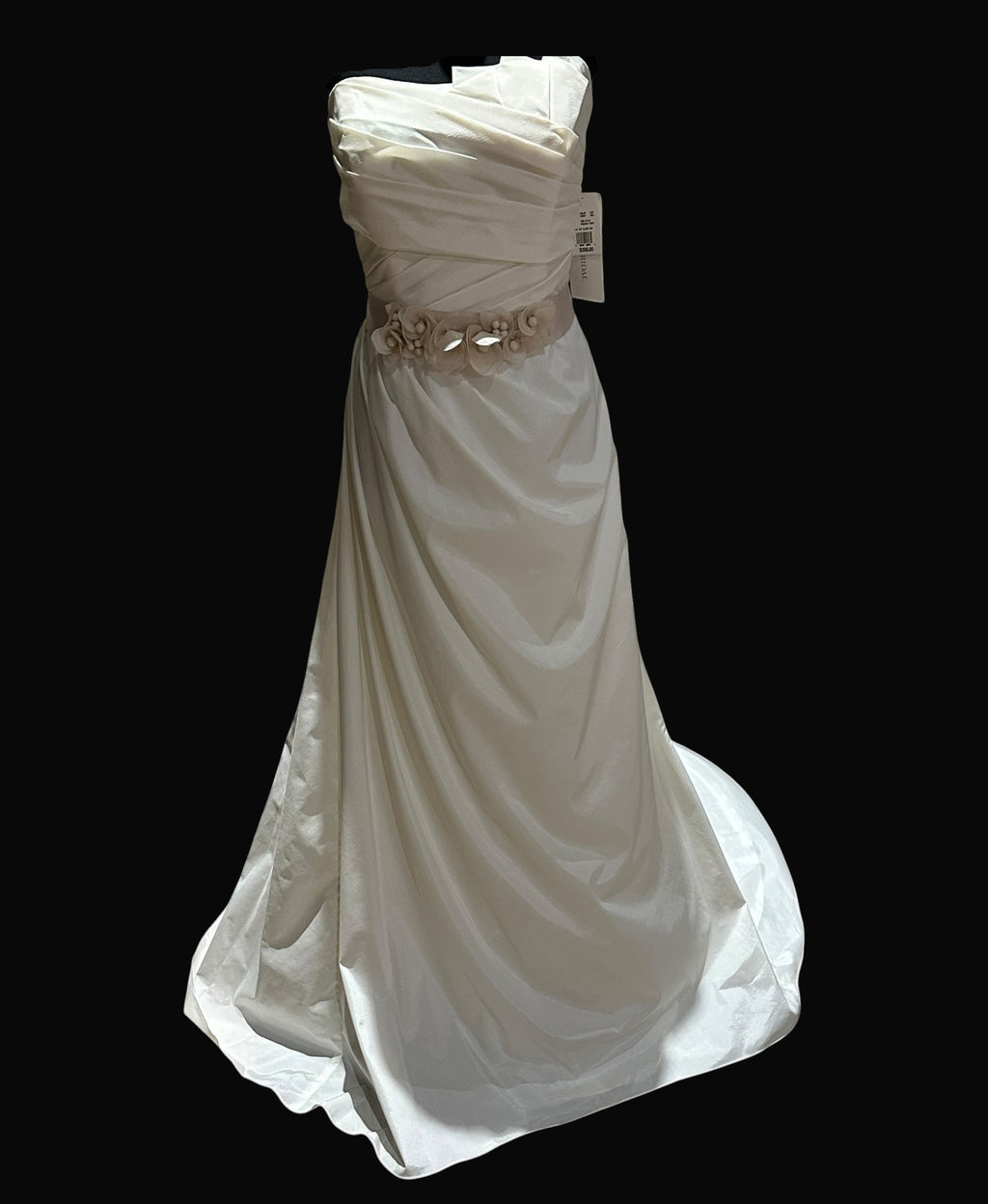 David’s Bridal Strapless Wedding Dress – Satin A-Line, Floral Waist Detail, Chapel Train- SIZE 14