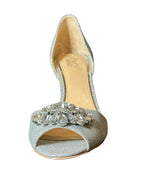 Jewel Badgley Mischka Crystal Bridal Heels– Silver Glitter Open Toe Wedding Shoes- SIZE 7.5