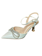 Oleg Cassini Rhinestone Bow Bridal Heels – White Pointed Toe Slingback Wedding Shoes- SIZE 6
