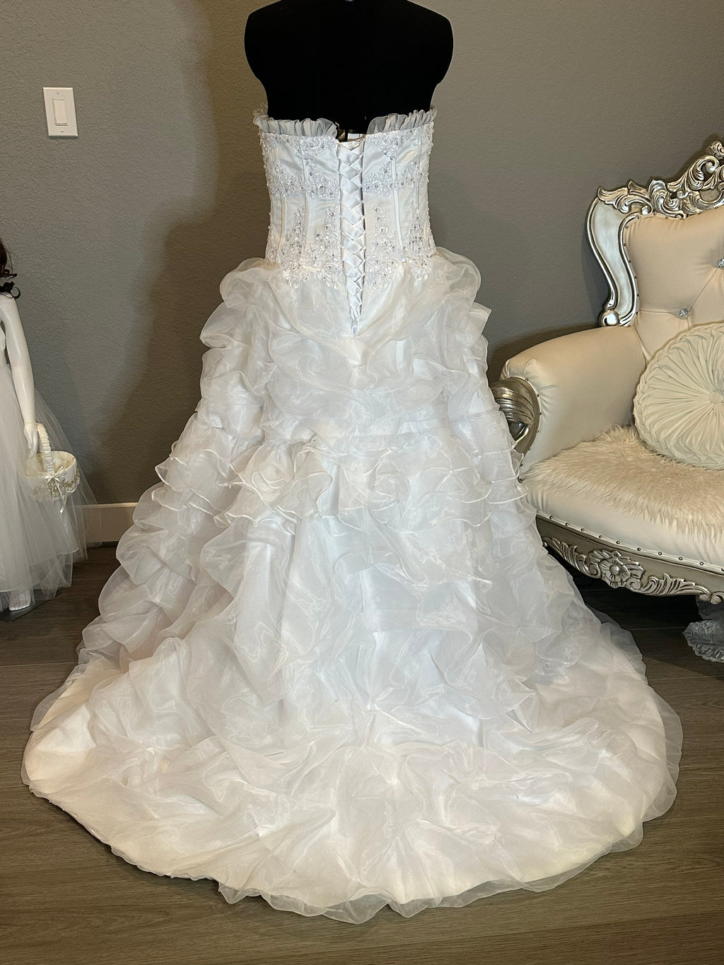 E Jue Shung Strapless Wedding Dress – Ruffle Ball Gown, High-Low Convertible Style- SIZE 16