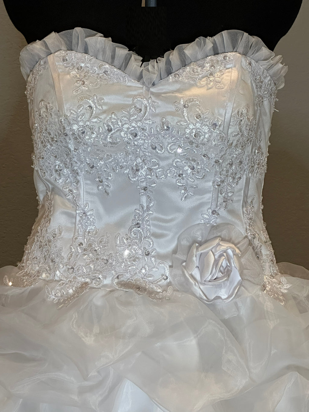 E Jue Shung Strapless Wedding Dress – Ruffle Ball Gown, High-Low Convertible Style- SIZE 16