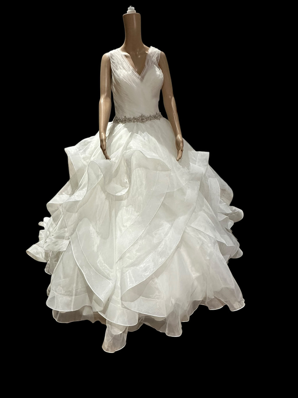 Boutique by Eddy K Wedding Dress – Organza Ruffle Ball Gown, V-Neck, Dramatic Train- SIZE 20