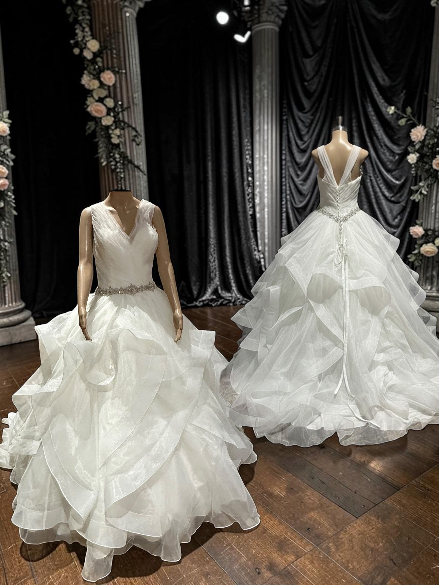 Boutique by Eddy K Wedding Dress – Organza Ruffle Ball Gown, V-Neck, Dramatic Train- SIZE 20