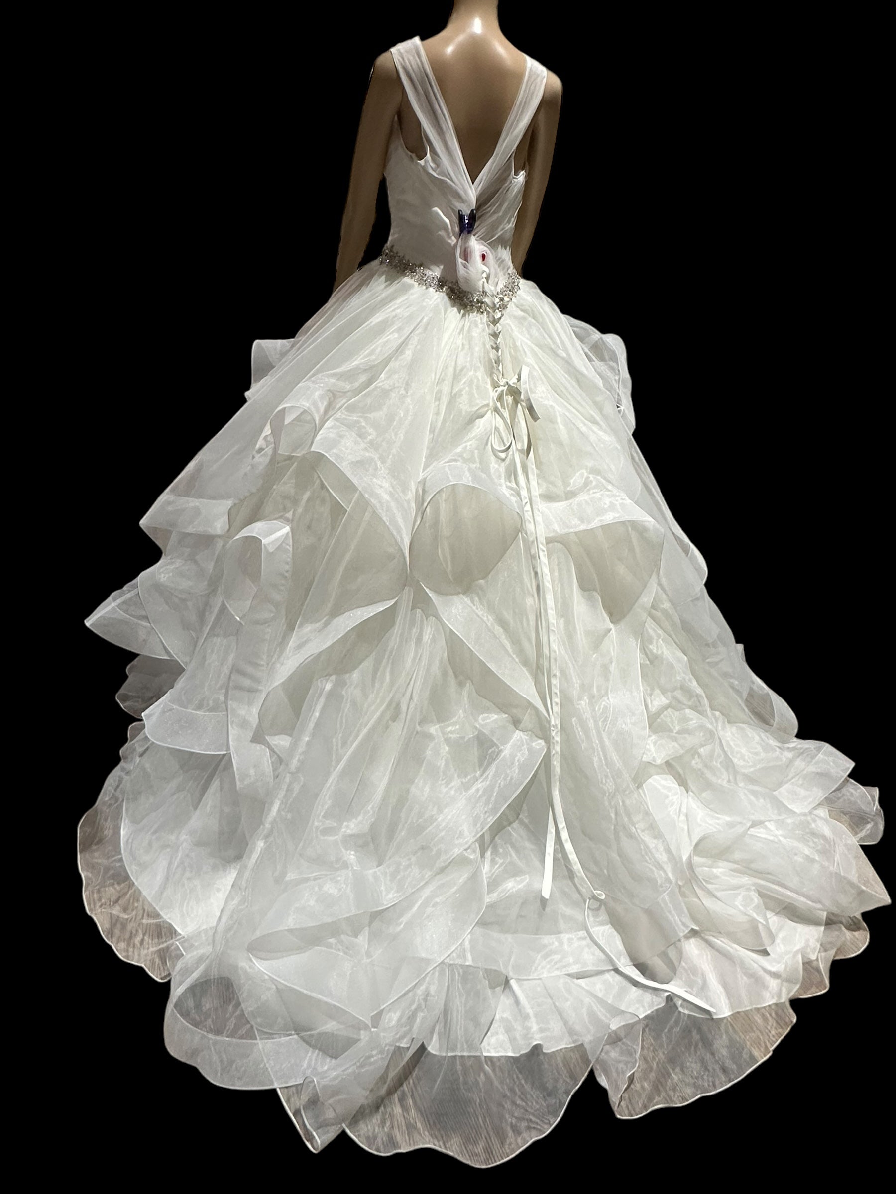 Boutique by Eddy K Wedding Dress – Organza Ruffle Ball Gown, V-Neck, Dramatic Train- SIZE 20