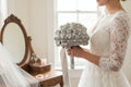 Silver Satin Rose Bud Bridal Bouquet with Crystal Accents