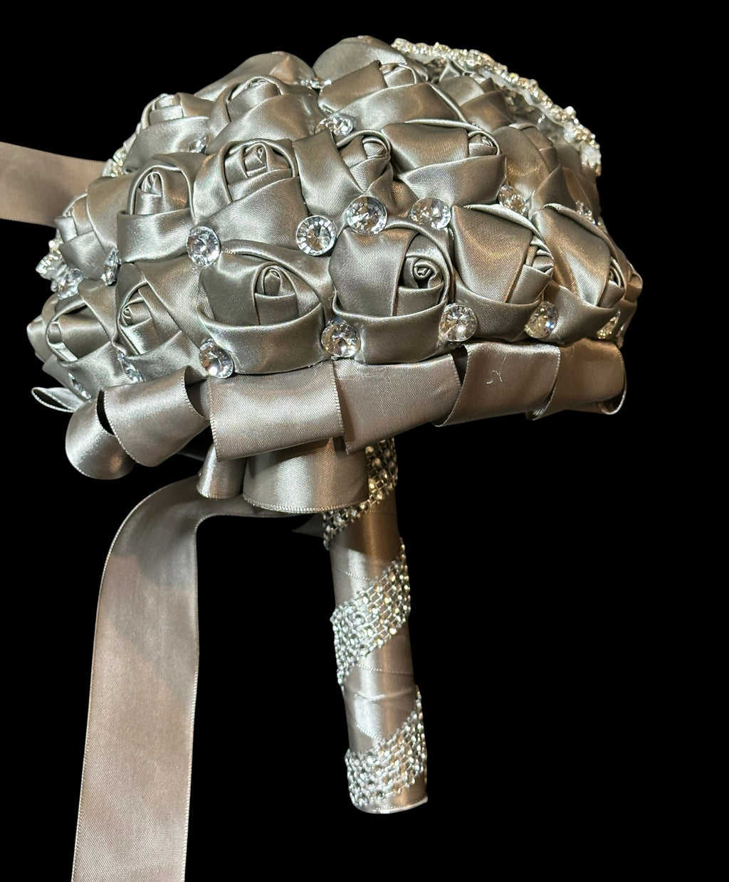 Silver Satin Rose Bud Bridal Bouquet with Crystal Accents