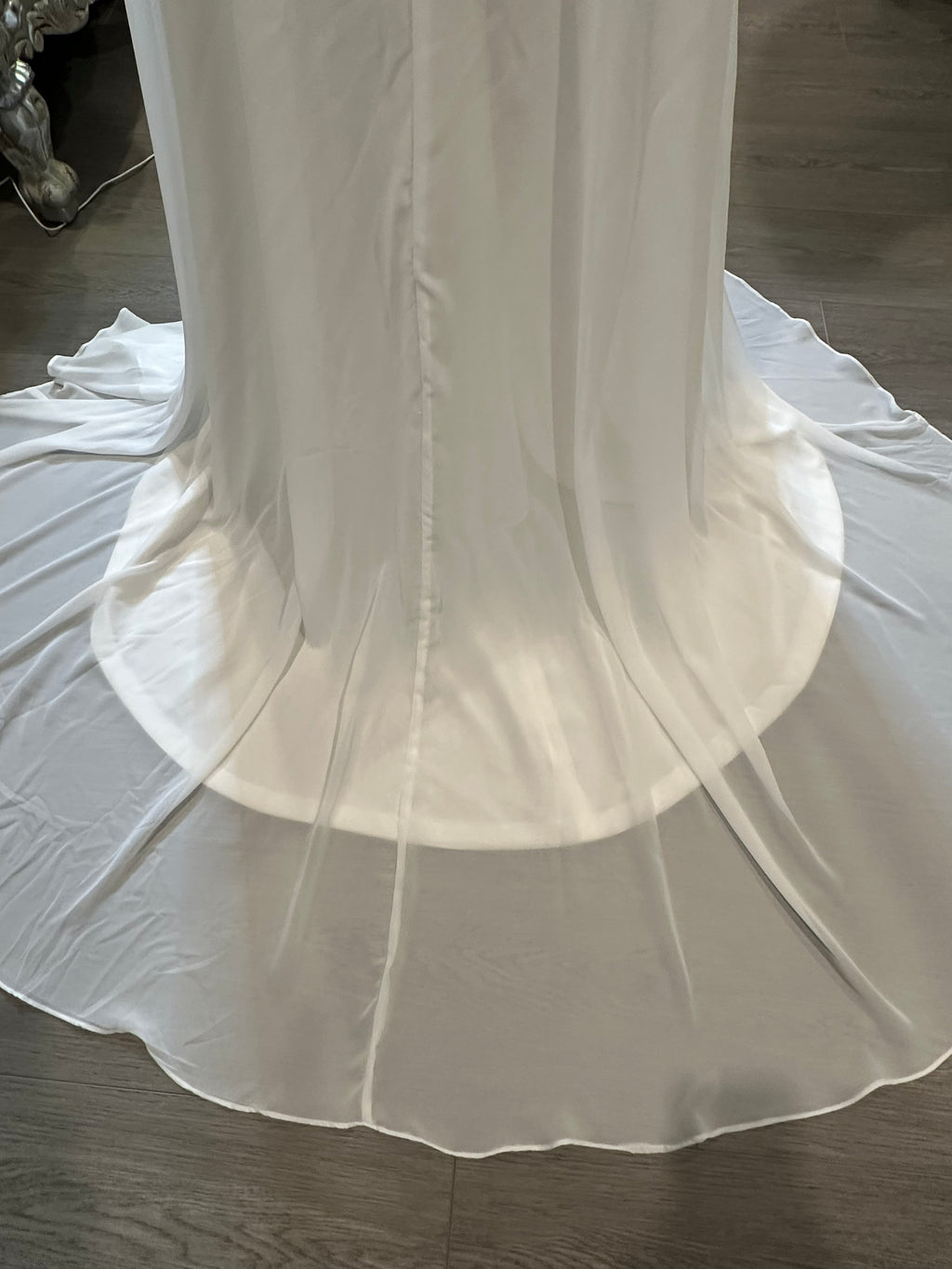 A-line Gown with Beautiful Slit with High Lace Neckline and V-Neck Back with Lace SIZE 6