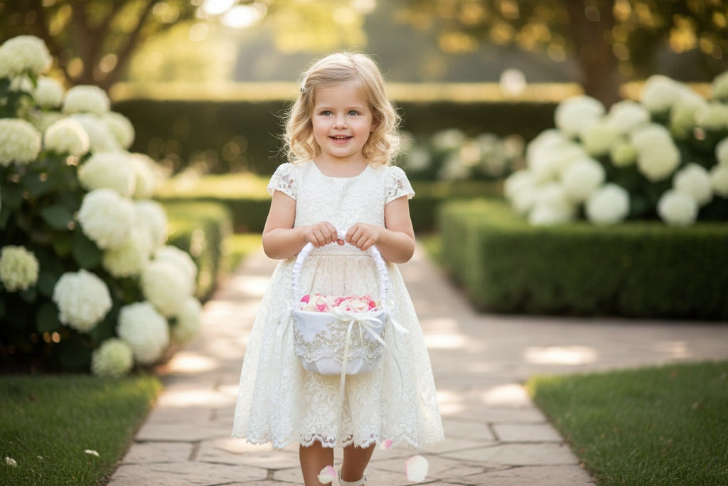 Elegant Lace & Pearl Flower Girl Basket