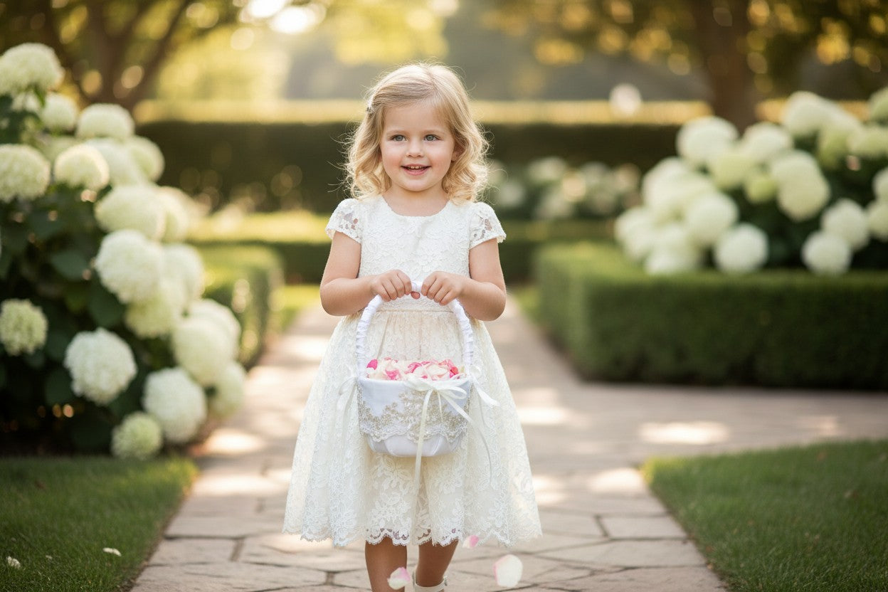 Elegant Lace & Pearl Flower Girl Basket