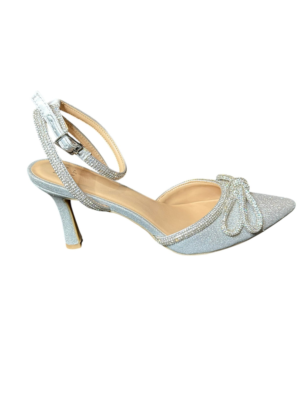 A New Day Silver Rhinestone Bow Heels – Pointed Toe Ankle Strap Pumps- SIZE 10