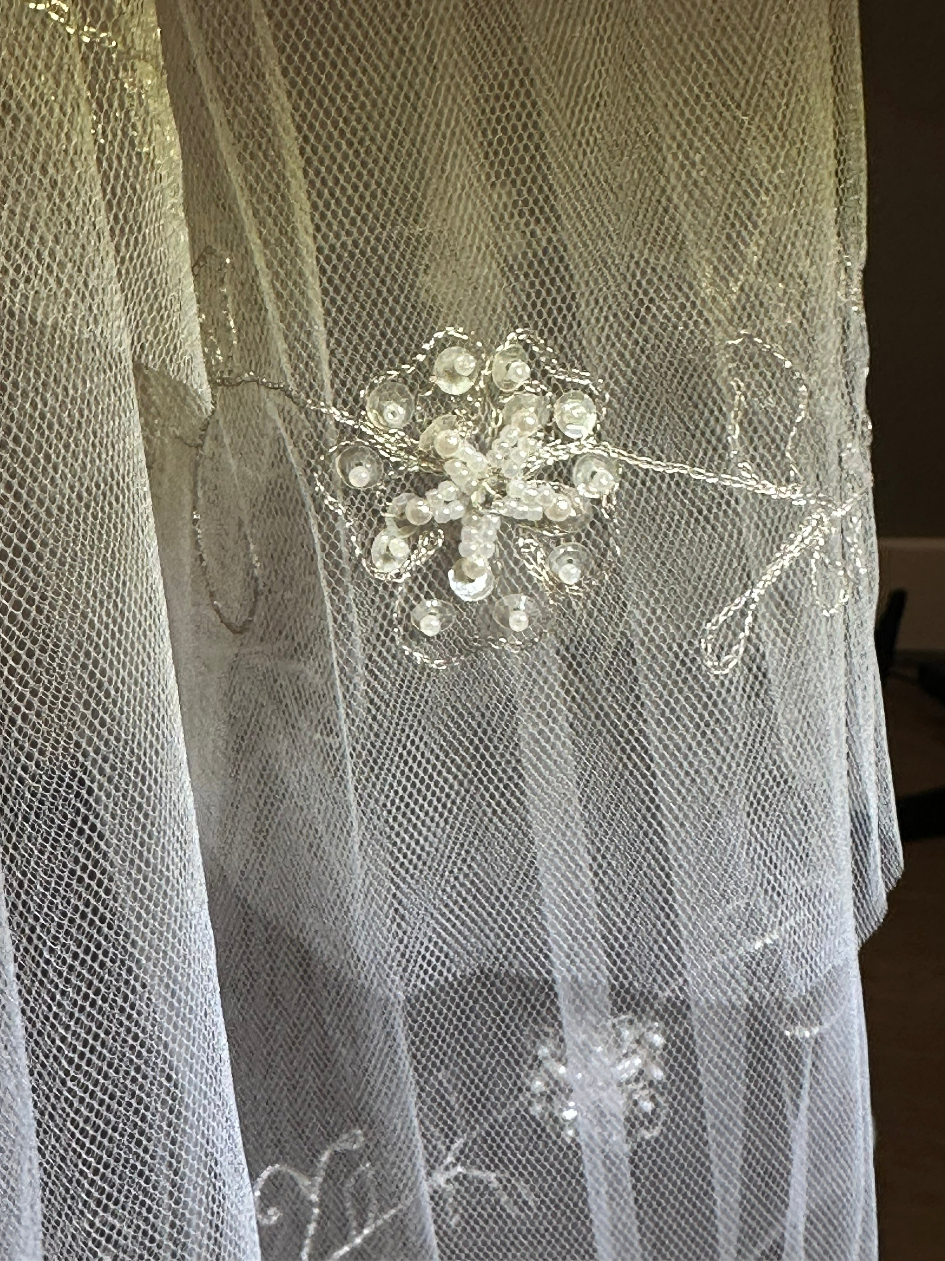 Fingertip Wedding Veil with Blusher – Floral Embroidered Lace Edge Bridal Veil