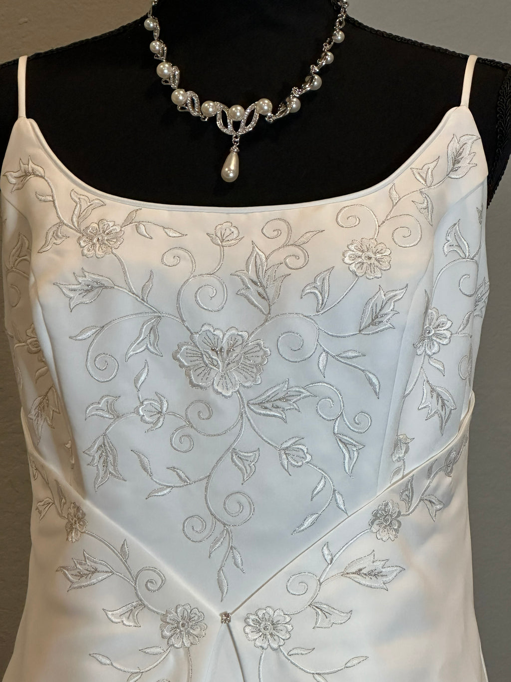 Emme Bridal Satin A-Line Wedding Dress w/ Spaghetti Straps, Corset Back & Embroidery SIZE 14