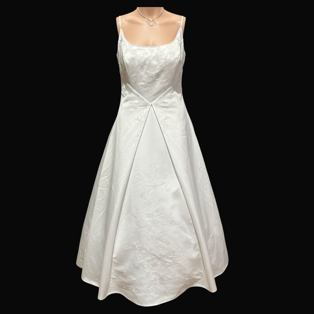 Emme Bridal Satin A-Line Wedding Dress w/ Spaghetti Straps, Corset Back & Embroidery SIZE 14