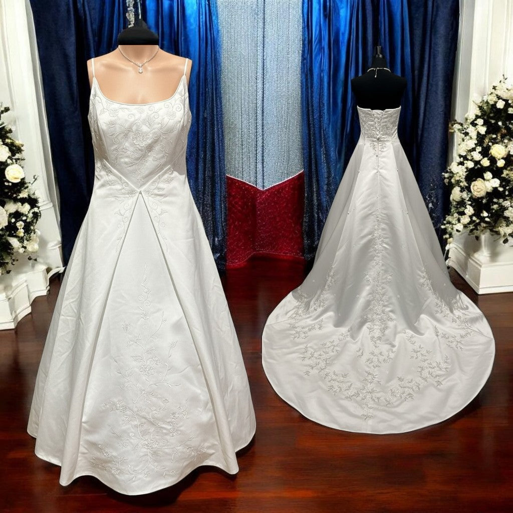 Emme Bridal Satin A-Line Wedding Dress w/ Spaghetti Straps, Corset Back & Embroidery SIZE 14