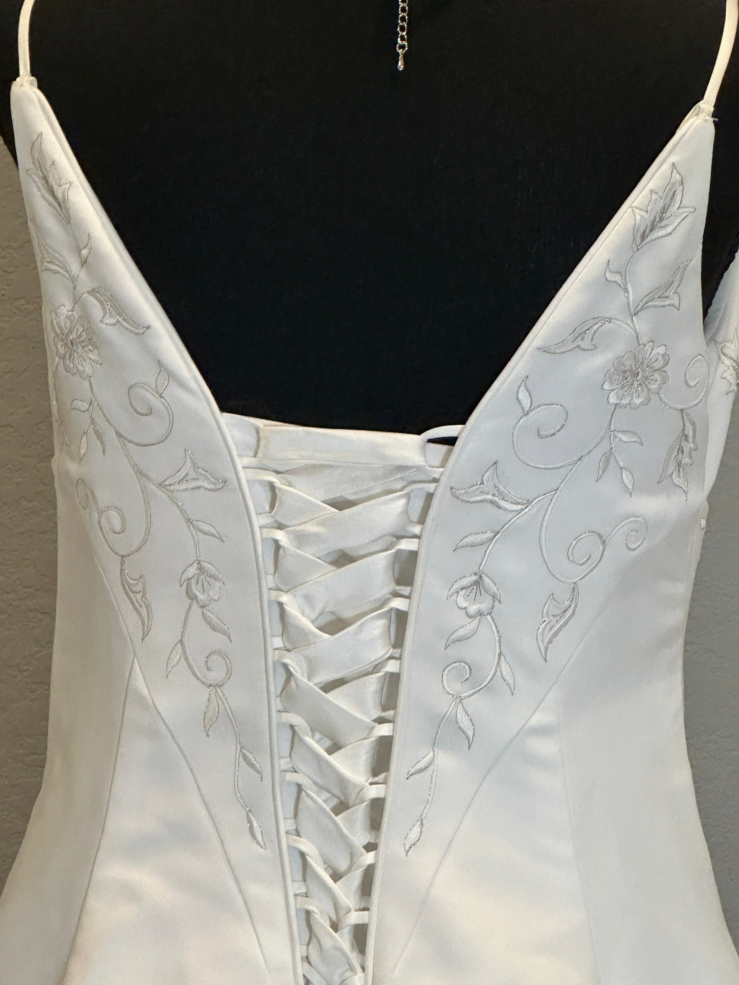 Emme Bridal Satin A-Line Wedding Dress w/ Spaghetti Straps, Corset Back & Embroidery SIZE 14