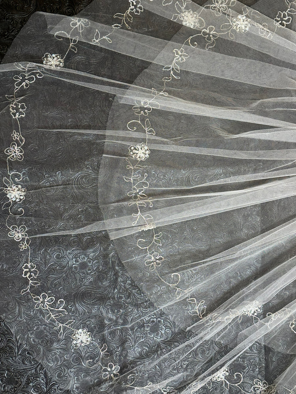 Fingertip Wedding Veil with Blusher – Floral Embroidered Lace Edge Bridal Veil