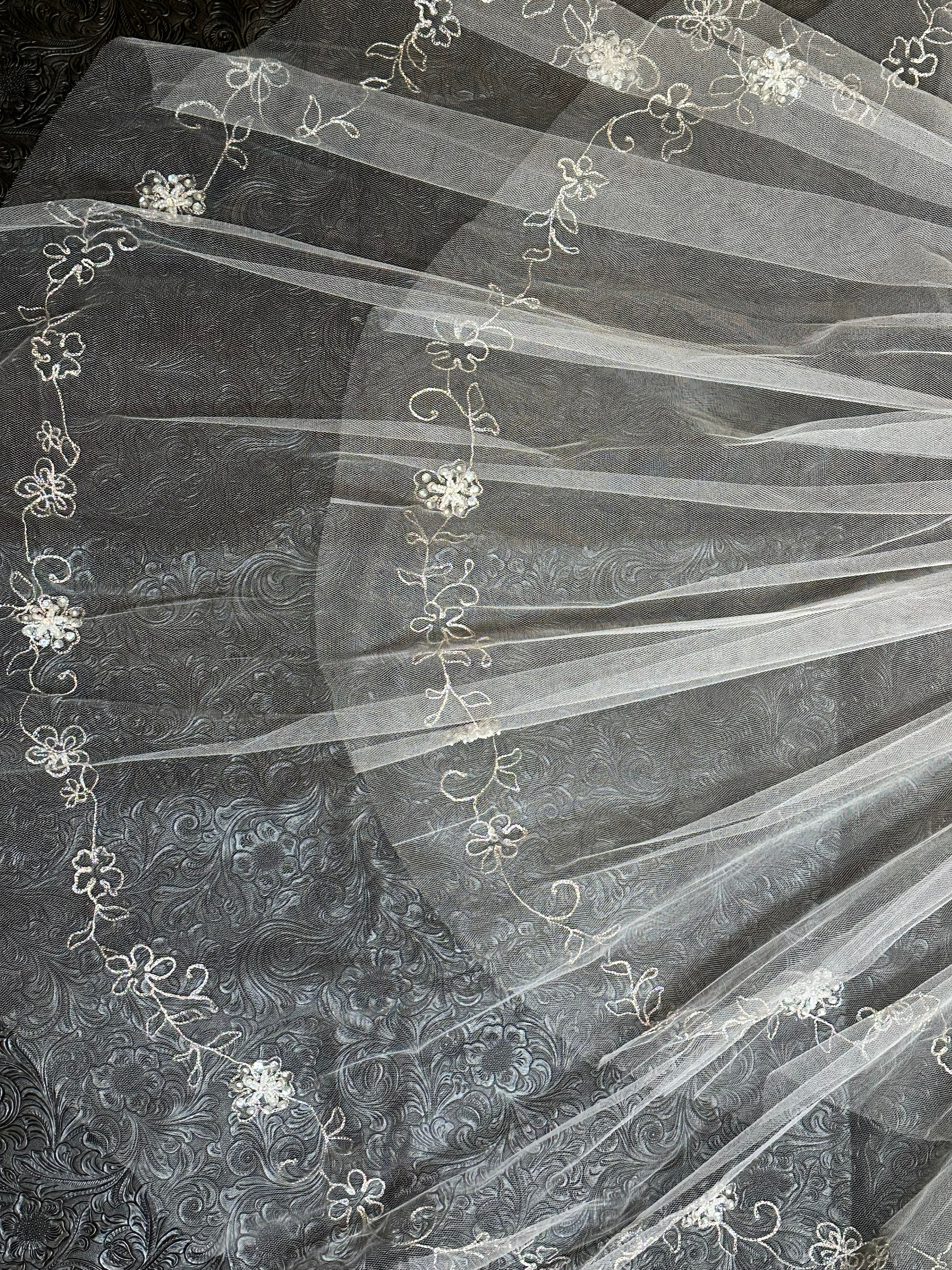 Fingertip Wedding Veil with Blusher – Floral Embroidered Lace Edge Bridal Veil