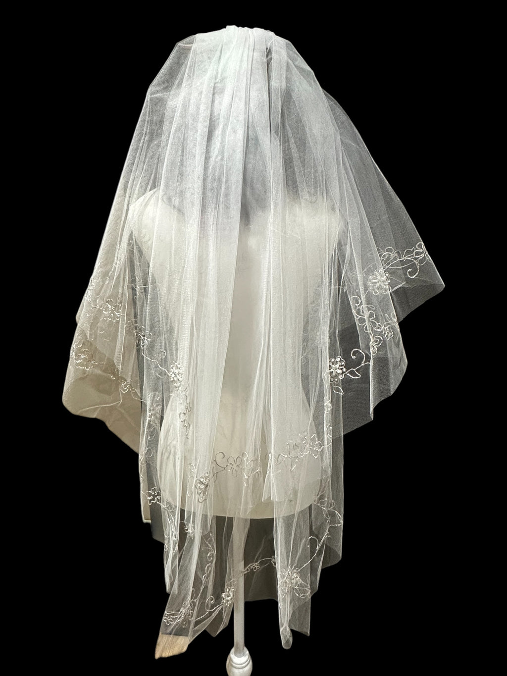 Fingertip Wedding Veil with Blusher – Floral Embroidered Lace Edge Bridal Veil