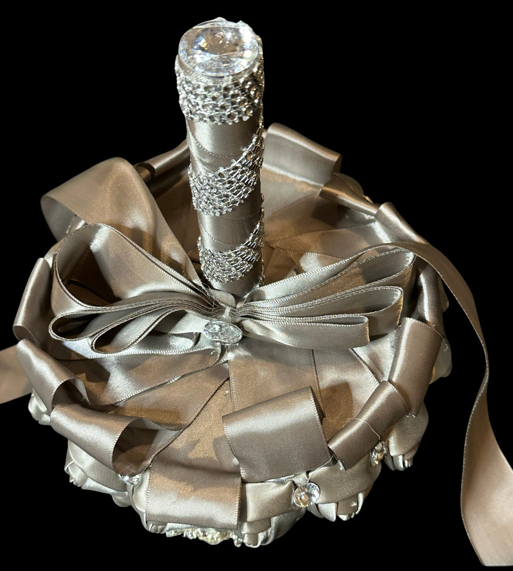 Silver Satin Rose Bud Bridal Bouquet with Crystal Accents