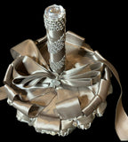 Silver Satin Rose Bud Bridal Bouquet with Crystal Accents