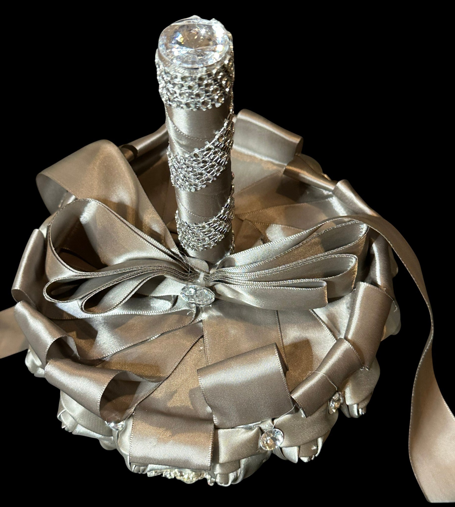 Silver Satin Rose Bud Bridal Bouquet with Crystal Accents