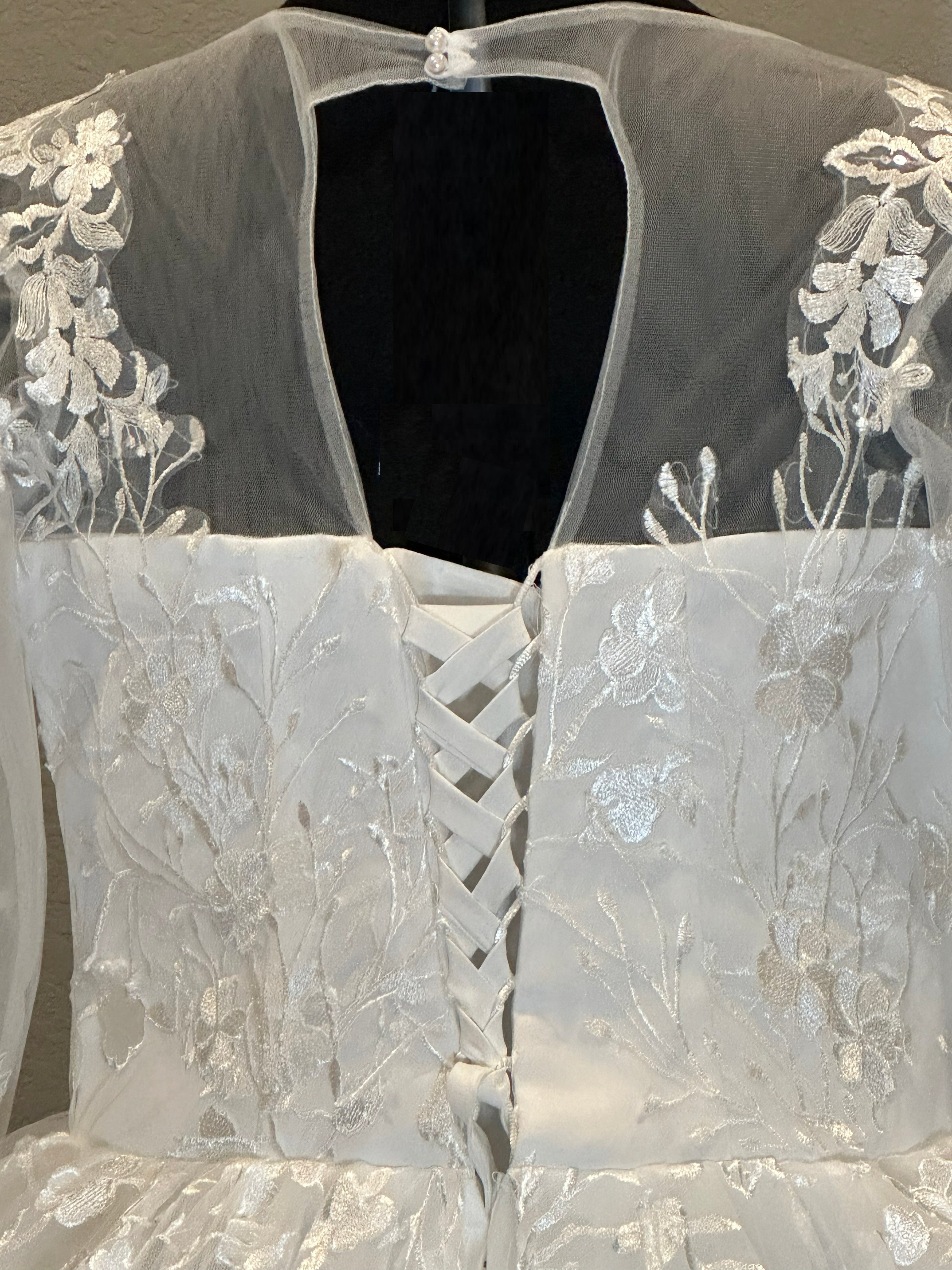 Illusion Sleeve Ball Gown Wedding Dress – Lace Appliqué, Full Tulle Skirt, Cathedral Train- SIZE 18