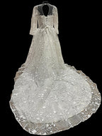 Illusion Sleeve Ball Gown Wedding Dress – Lace Appliqué, Full Tulle Skirt, Cathedral Train- SIZE 18