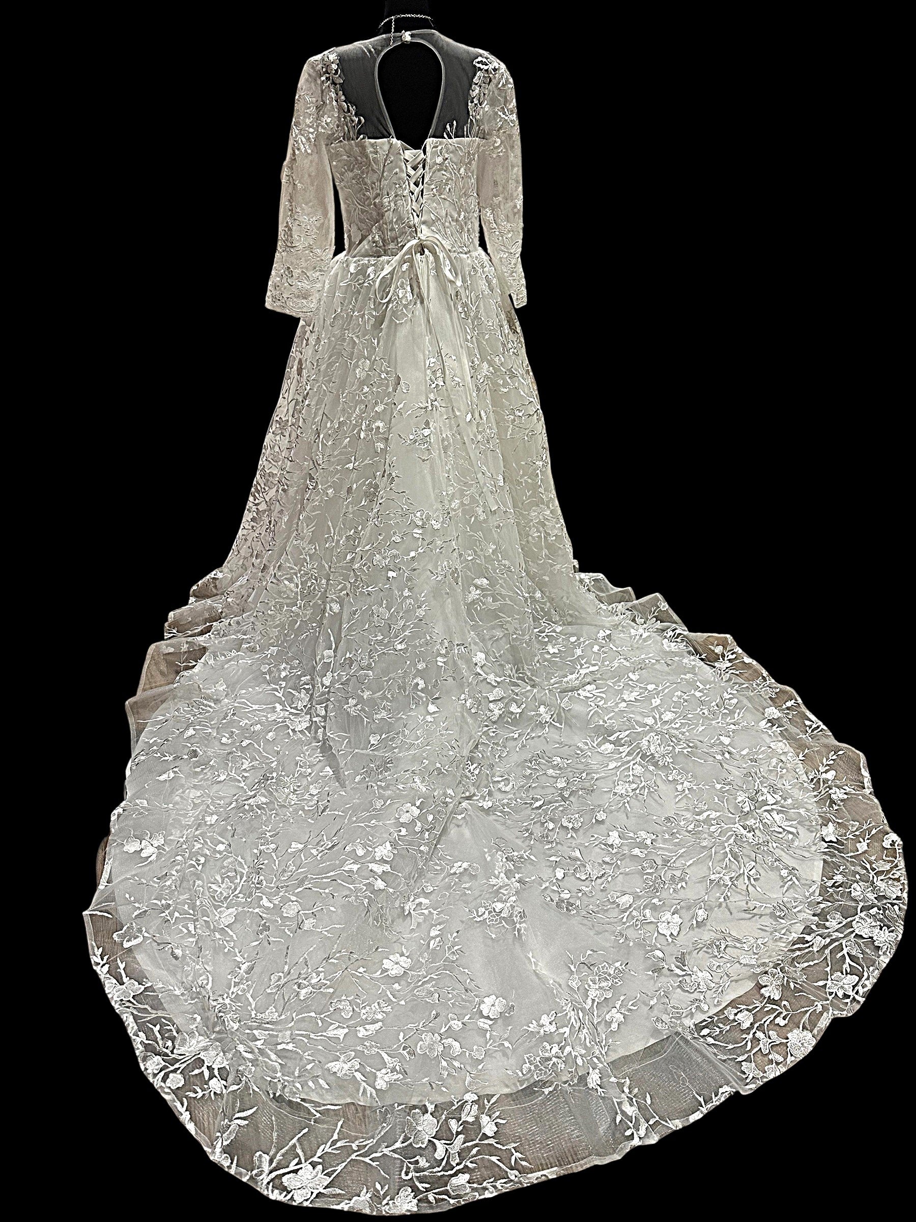 Illusion Sleeve Ball Gown Wedding Dress – Lace Appliqué, Full Tulle Skirt, Cathedral Train- SIZE 18